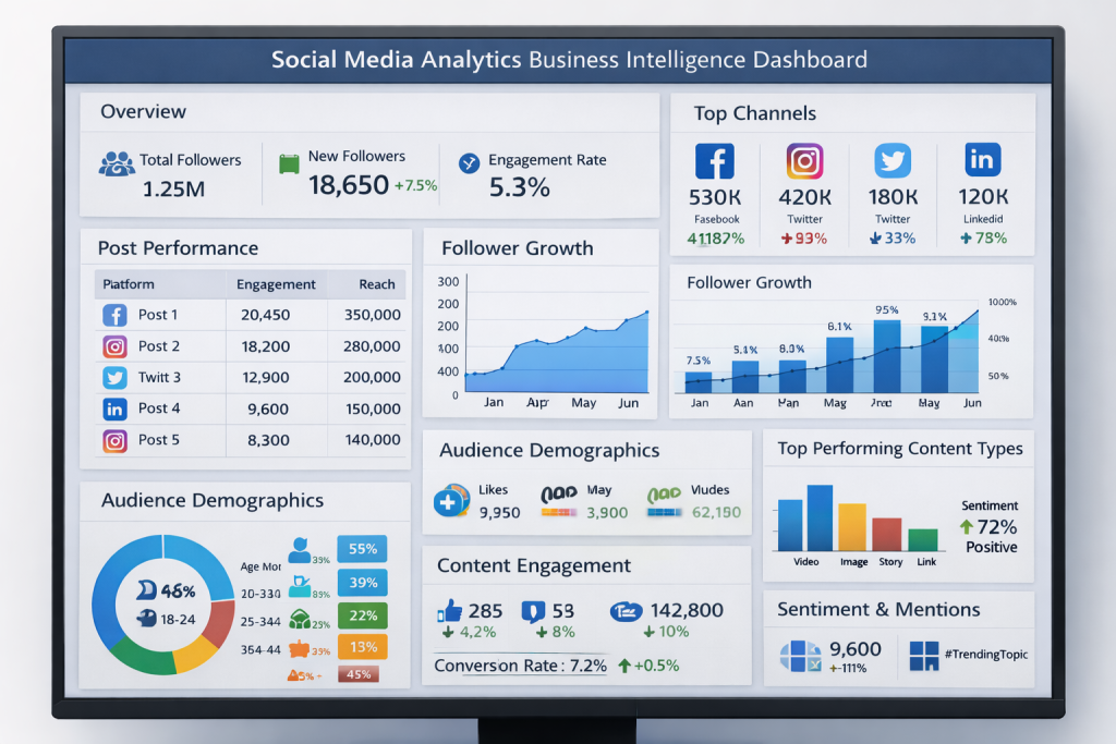 Best Business Intelligence Dashboard Examples For 2026 11 Social Media Analytics Business Intelligence Dashboard