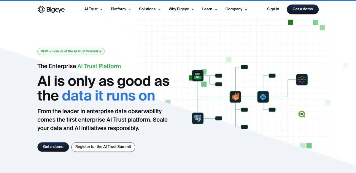 9 Best Data Observability Tools in 2026 (Compared) 26 Bigeye's homepage: The Enterprise AI Trust Platform, AI is only as good as the data it runs on