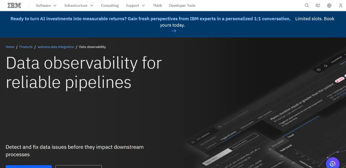 9 Best Data Observability Tools in 2026 (Compared) 23 IBM's Databand page, headed Data observability for reliable pipelines, under the watsonx.data integration breadcrumb