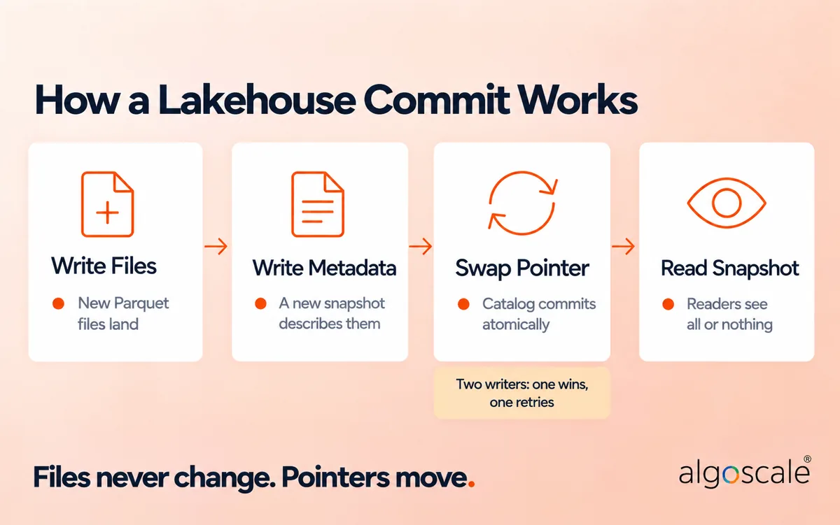 Data Lakehouse Architecture: Diagram, Layers & Open Stack 2 How a lakehouse commit works: write new Parquet files, write new metadata describing a snapshot, swap the catalog pointer atomically, then readers see all or nothing