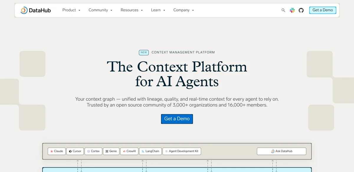 5 Best Data Lineage Tools in 2026 (Prices Compared) 4 DataHub's homepage, headed The Context Platform for AI Agents