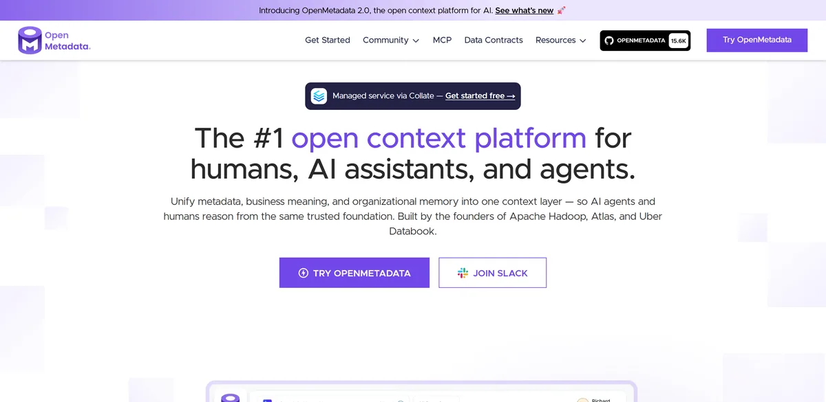 5 Best Data Lineage Tools in 2026 (Prices Compared) 1 OpenMetadata's homepage, headed The #1 open context platform for humans, AI assistants, and agents