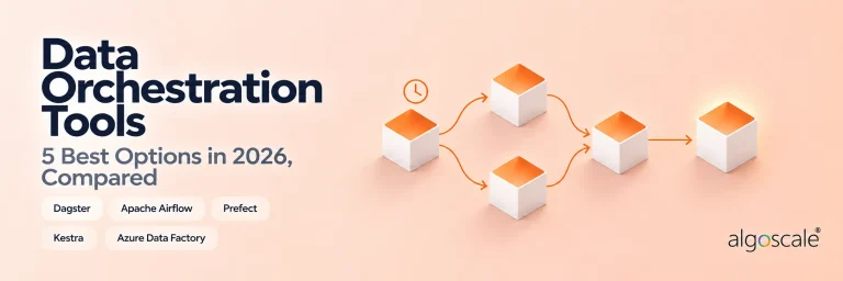 Data Orchestration Tools, 5 best options in 2026 compared: a pipeline of cubes forking and rejoining, with Dagster, Apache Airflow, Prefect, Kestra and Azure Data Factory named