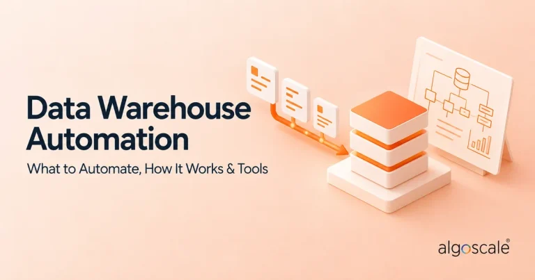 Data warehouse automation hero showing metadata cards feeding a layered data warehouse beside an architecture blueprint