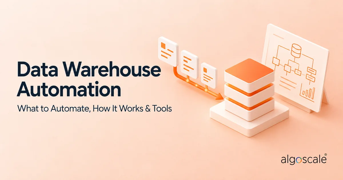 A Complete Guide to Generative AI in Manufacturing for 2025 6 Data warehouse automation hero showing metadata cards feeding a layered data warehouse beside an architecture blueprint