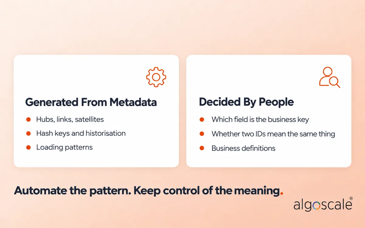 Data Warehouse Automation: What It Is, How It Works, and When to Use It 2 Data Vault structures generated from metadata while business key decisions stay with people