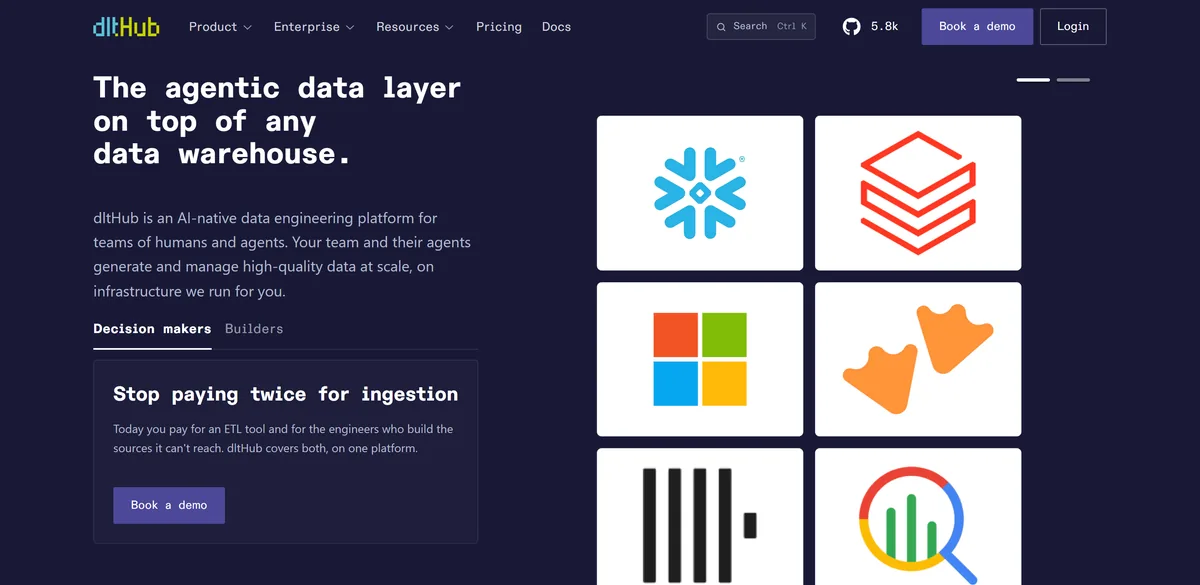 5 Best Fivetran Alternatives in 2026 (Prices Compared) 9 The dltHub homepage, describing an agentic data layer on top of any data warehouse