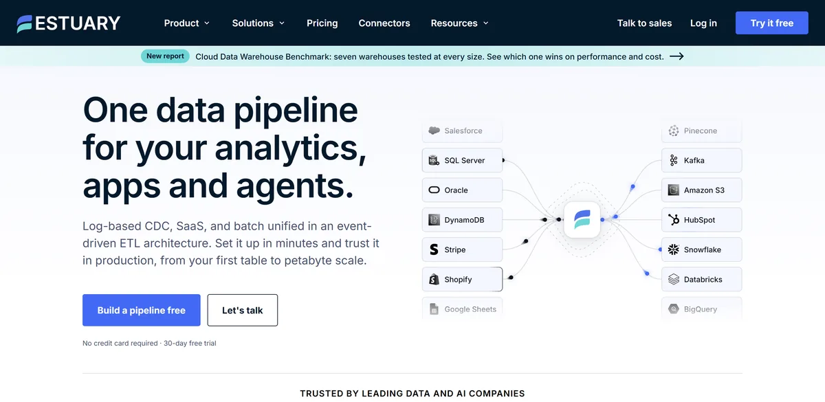 5 Best Fivetran Alternatives in 2026 (Prices Compared) 5 Estuary's homepage, headed One Platform for CDC, ETL and Streaming Pipelines