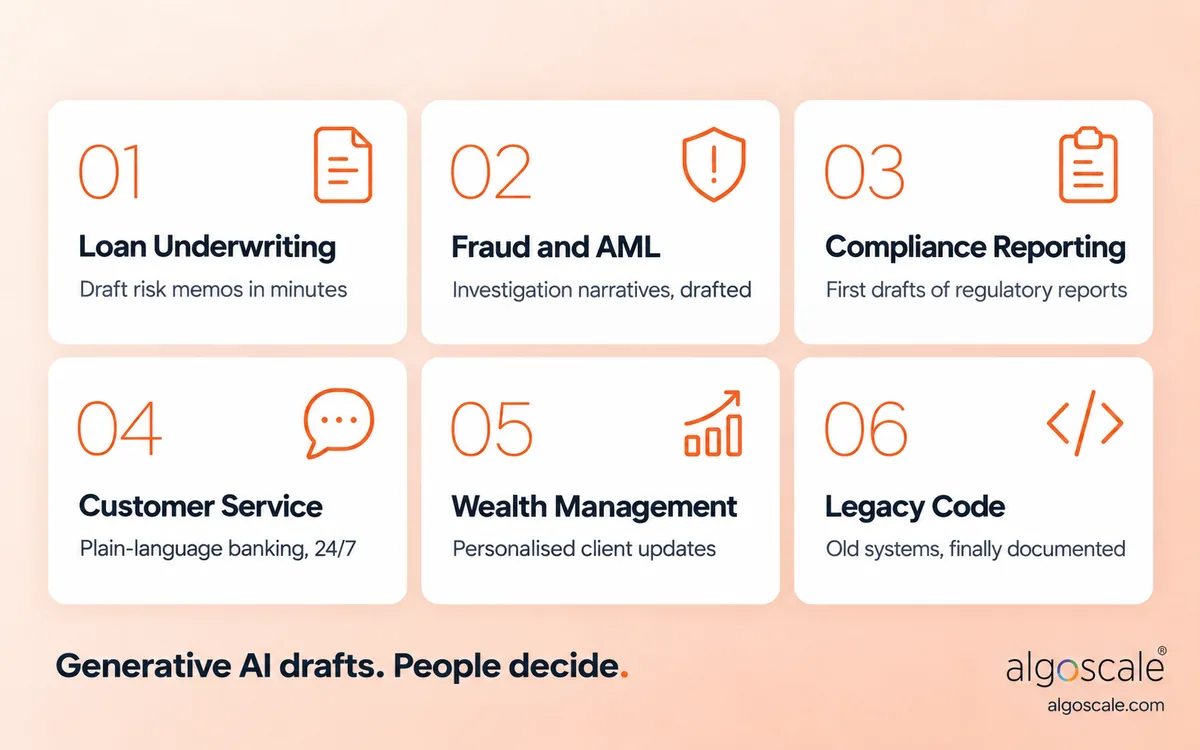 Generative AI in Banking: Use Cases, Examples, Challenges and Deployment 1 Key generative AI use cases in banking from loan underwriting to legacy code modernisation