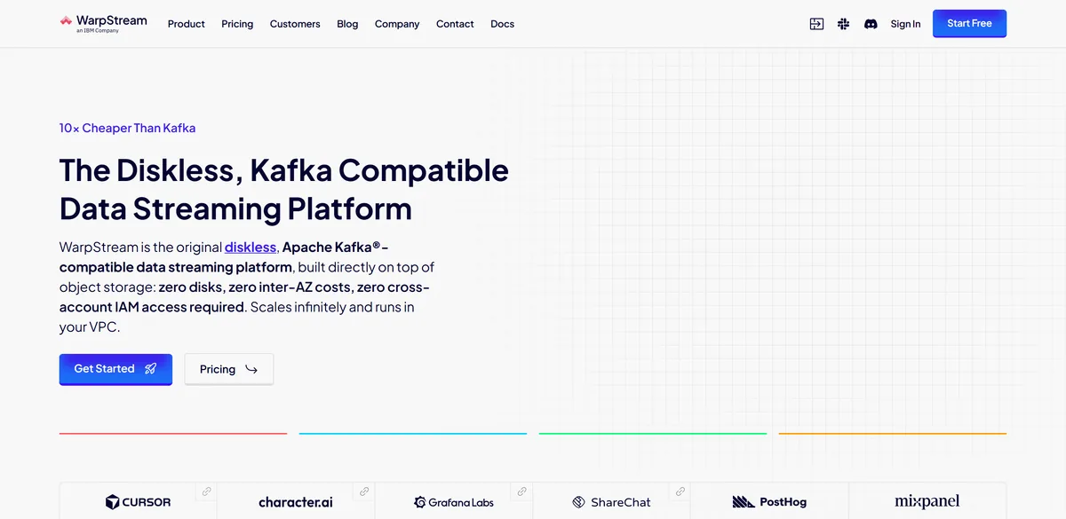 5 Best Kafka Alternatives in 2026 (Prices Compared) 8 WarpStream's homepage, headed Diskless, Kafka-Compatible Streaming