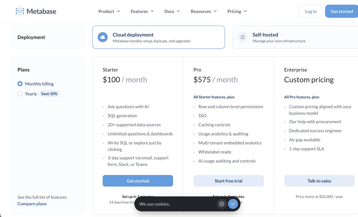 Power BI Alternatives (2026): 12 Tools Compared by Use Case, Price and Switching Effort 14 Metabase cloud pricing page showing Starter at $100 per month, Pro at $575 per month and custom Enterprise pricing