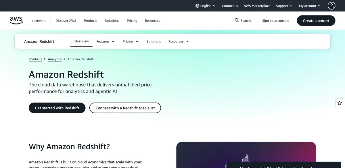 5 Best Snowflake Alternatives in 2026 (Compared) 9 The Amazon Redshift product page, headed the cloud data warehouse that delivers unmatched price-performance for analytics and agentic AI