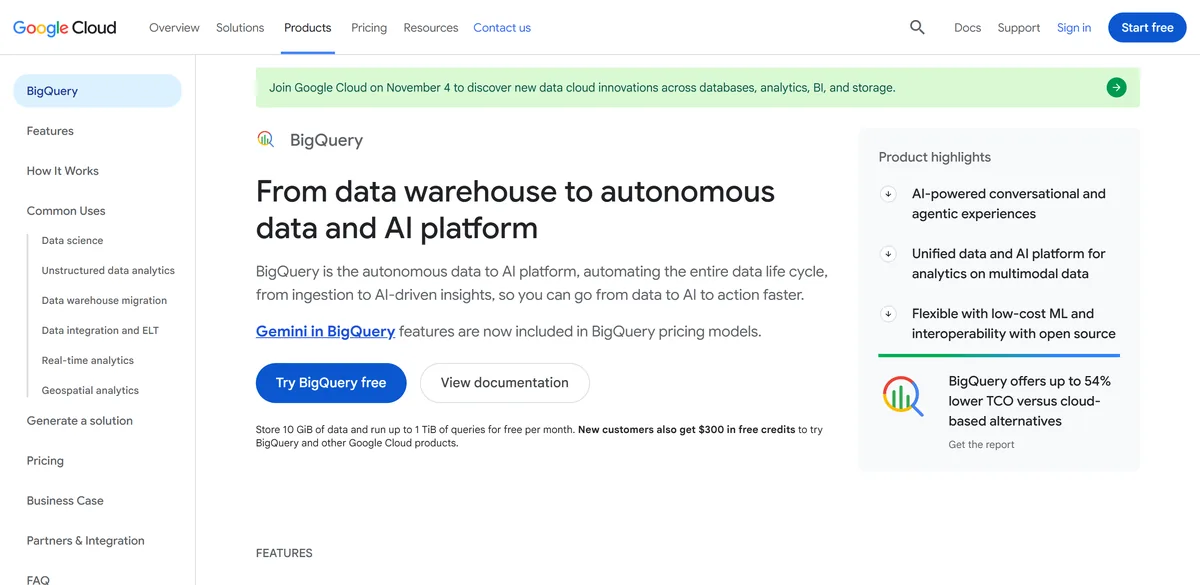 5 Best Snowflake Alternatives in 2026 (Compared) 4 Google Cloud's BigQuery page, headed From data warehouse to autonomous data and AI platform