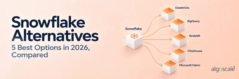 Snowflake Alternatives, 5 best options in 2026 compared: a Snowflake cube fanning out to Databricks, BigQuery, Redshift, ClickHouse and Microsoft Fabric