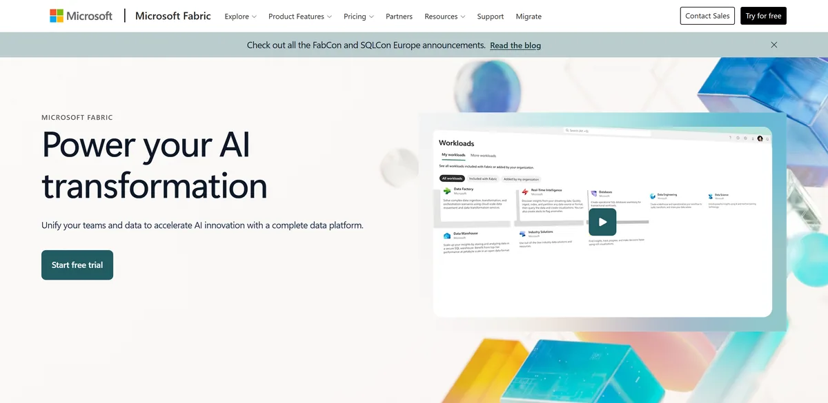 5 Best Snowflake Alternatives in 2026 (Compared) 14 The Microsoft Fabric homepage, headed Power your AI transformation